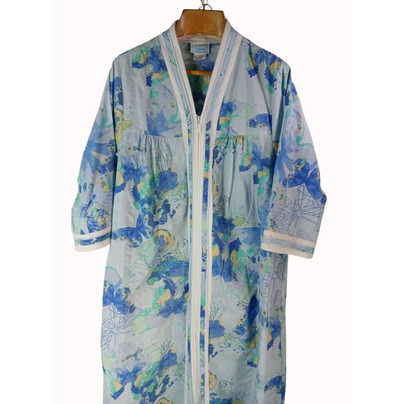 National Womens Zip Front Housecoat Robe 1X Blue Floral Butterfly Cozy Lounge - Picture 2 of 11